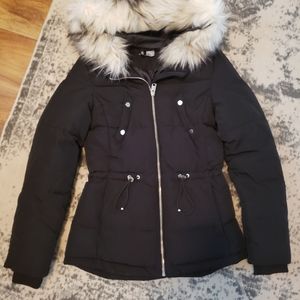 H&M black puffer with faux fur hood.